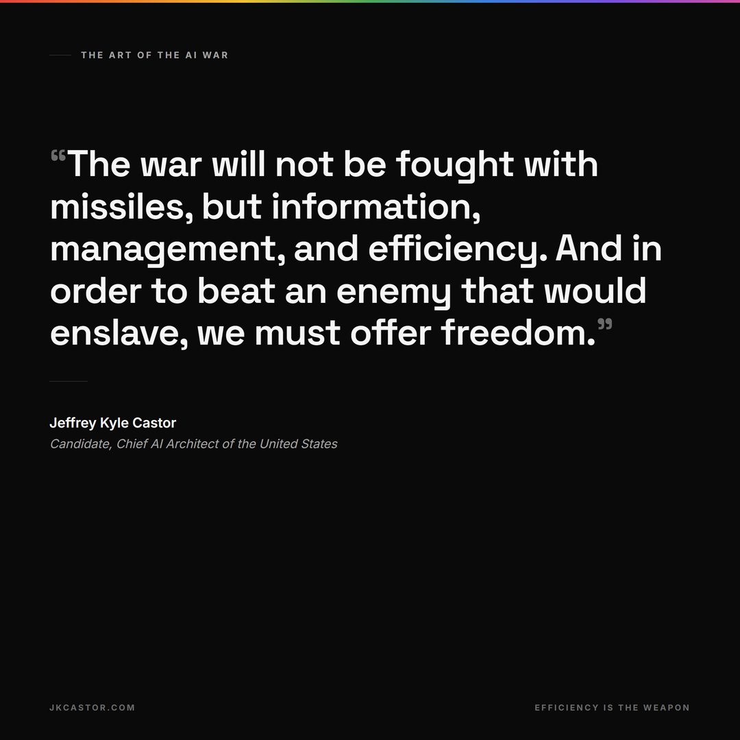 Square quote card: The war will not be fought with missiles, but information, management, and efficiency. Jeffrey Kyle Castor.